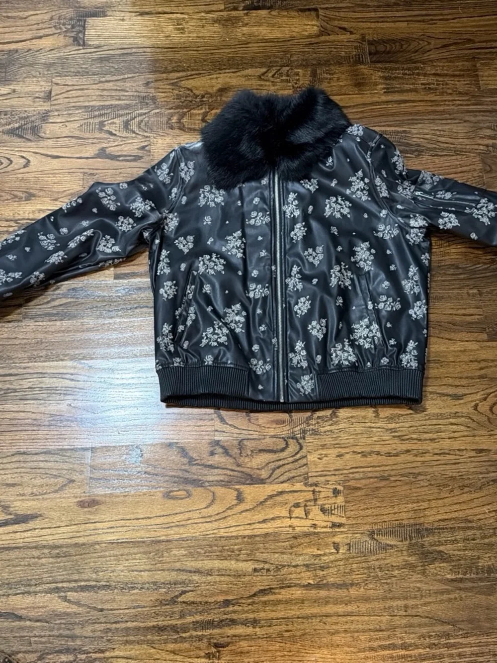 Michael Kors Black Bomber Jacket with Silver Floral Print and Faux Fur Collar